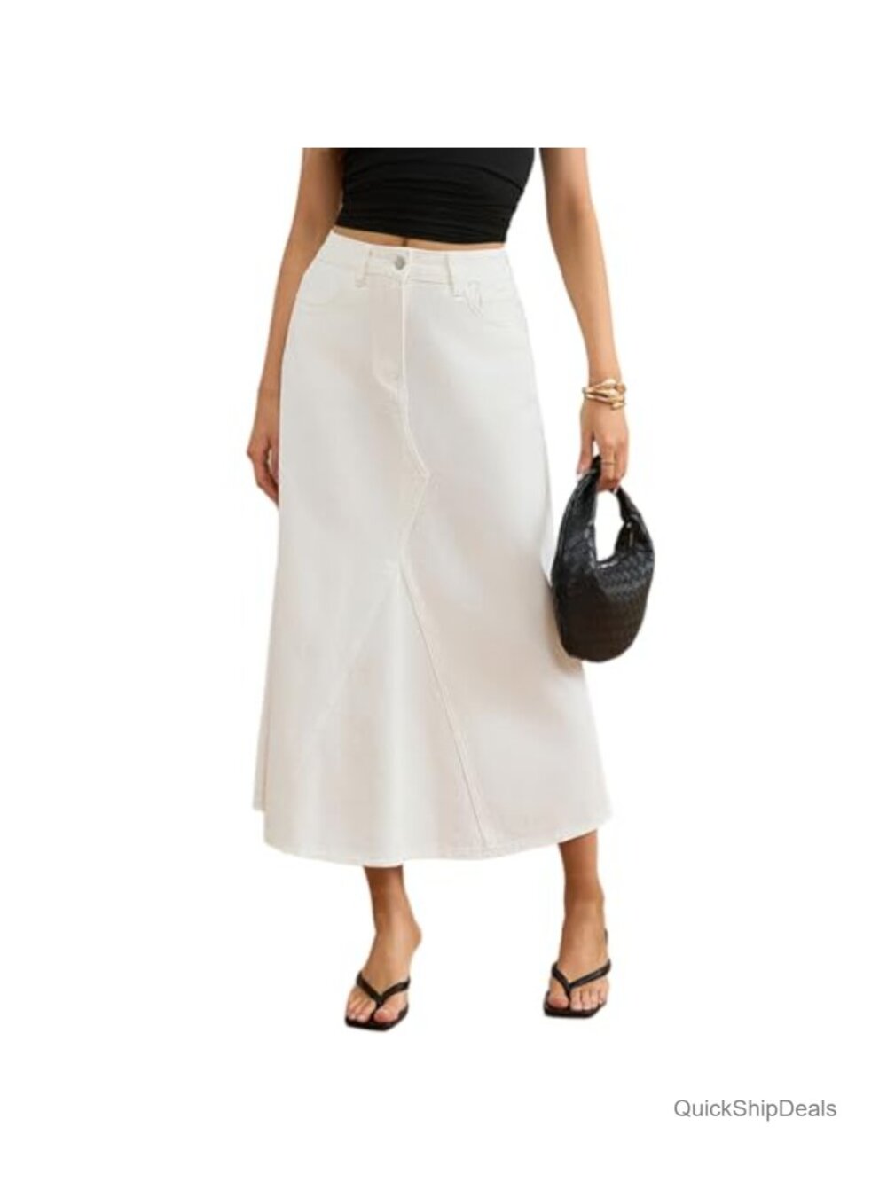 High Waisted A-Line Flared Denim Maxi Skirt Vintage Panel Jean Skirt